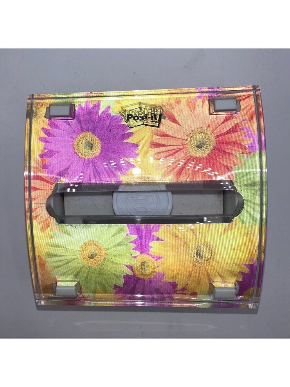EUC 3M Post It Note Pop Up Dispenser Daisy Floral Clear Acrylic